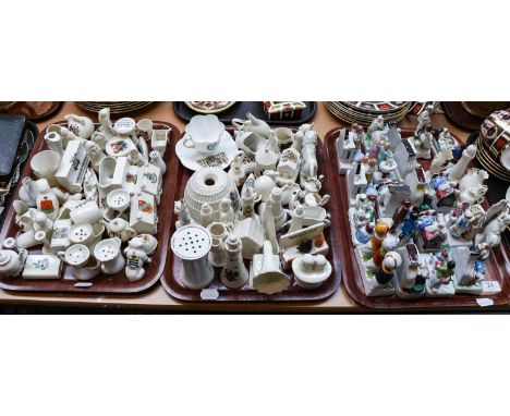 A collection of assorted crested china including W.H. Goss Lobster Trap, Sussex China Battleship, Arcadian Gramaphone, etc; t