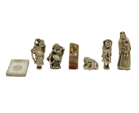 A 19th century small Cantonese ivory card case, five Japanese netsuke of a similar date and a carved soap stone seal (one tra