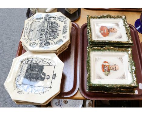 A collection of Victorian transfer printed commemorative pottery plates of square canted form including Disraeli, Royal Visit