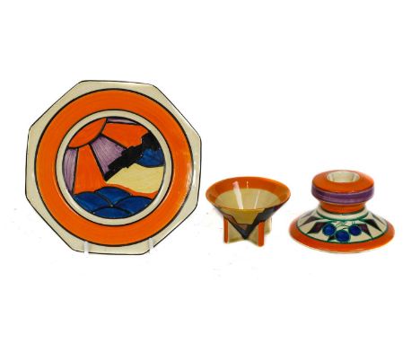 Clarice Cliff squat candlestick, sugar bowl and a side plate (3)Candlestick with light enamel scratches, bowl with profession