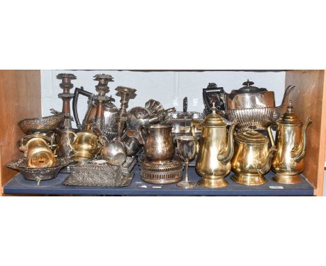 A quantity of assorted silver plated items including a pair of entree dishes, four part tea service, white metal candlestick,