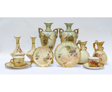 A pair of Royal Worcester twin handled pedestal blush ware vases decorated with landscapes, printed green marks, 27cm, togeth