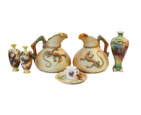 A pair of Royal Worcester blush ivory porcelain jugs applied with lizards, shape number 1714, a Royal Worcester vase decorate