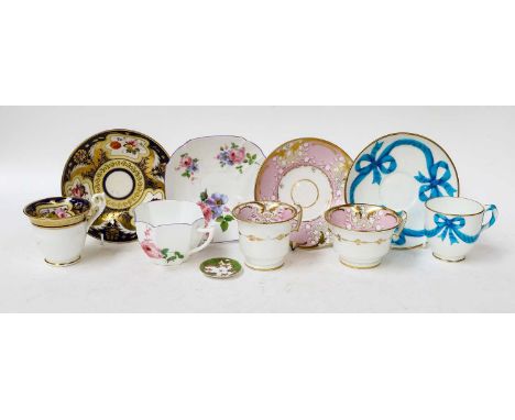 Assorted ceramics including two first period Worcester coffee cups, a Mintons cup and saucer, a Sevres style snuff box, Arts 