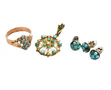 A turquoise and split pearl cluster ring, finger size P; a turquoise and split pearl pendant, stamped '9CT', length 3.4cm; an