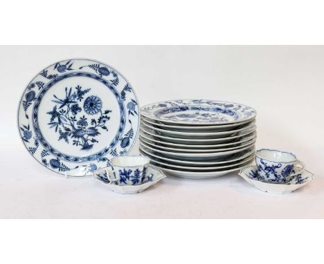 Eleven Meissen Marcolini onion pattern plates and two cups and saucers (one tray)One plate with a large rim chip, one plate w