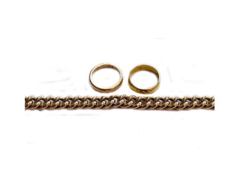 A 22 carat gold band ring, finger size K; a band ring, stamped '585', finger size K; and a curb link bracelet stamped '585', 