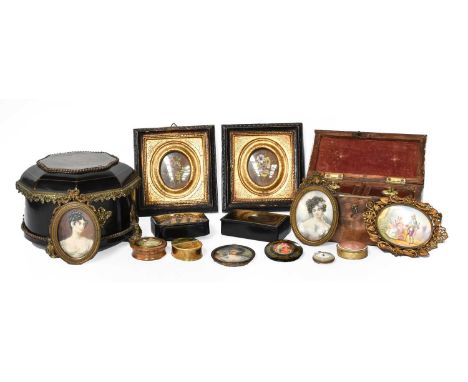 A 19th century french brass inlaid jewellery casket, together with a George III parquetry inlaid tea caddy, three papier mach