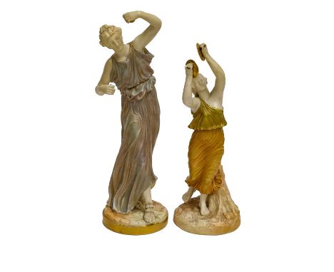 A Royal Worcester figure of a dancing maiden by James Hadley, printed puce mark, model 1827, together with another Royal Worc