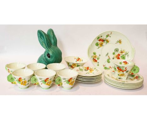 An Art Deco Royal Doulton Nasturtium teaset, pattern V1325, comprising six cups, six saucers, six side plates, a cake plate, 