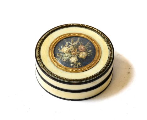 A Gilt-Metal and Ivory Mounted Tortoiseshell Bonbonnière, Probably First Quarter 19th Century, circular and with pull-off cov