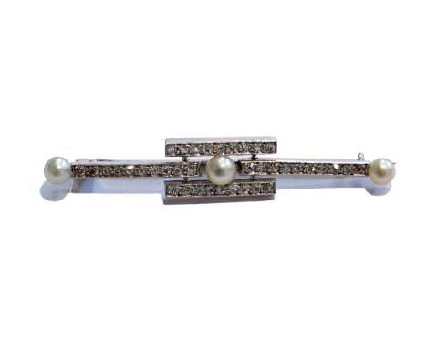 An Edwardian diamond and pearl bar brooch, three pearls spaced by an old cut diamond set bar, the central pearl flanked by tw