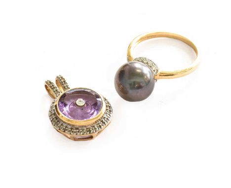 A 9 carat gold cultured pearl and diamond ring, finger size N1/2; and a 9 carat gold amethyst and diamond pendant, length 1.9