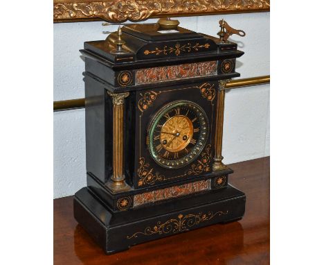 A Victorian black slate striking mantel clock, circa 1880, the case front depicting Classical scenes, 41cm high