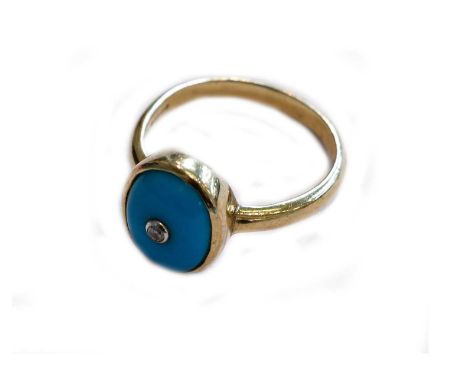 A 9 carat gold turquoise and diamond ring, finger size OGross weight 3.5 grams.