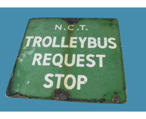 A rare vintage enamel N.C.T Trolleybus Request Stop sign, square double sided in green with white text, 40cm 