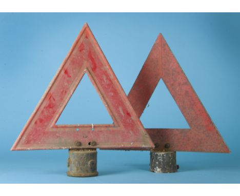 A vintage red triangular warning sign, post top type, with twin bolt attachment in cast aluminium, together with a similar pr