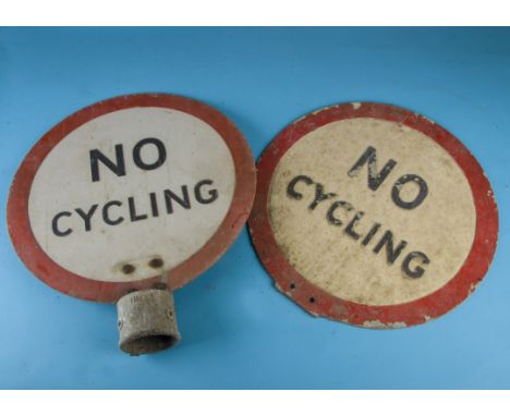Two vintage circular 'No Cycling' road signs, one with a post fitting collar, 45cm diameter (2)