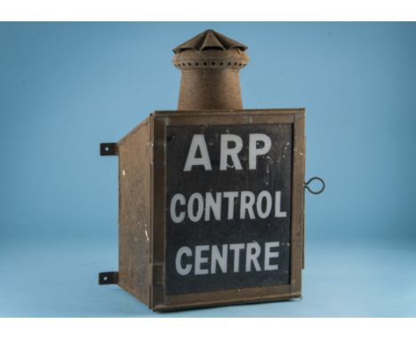 A WWII period ARP Control Centre lamp, glass panel to door with insert paraffin burner, 50cm