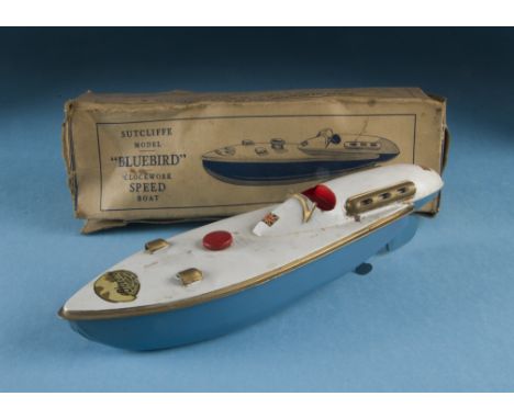 A 1930s Sutcliffe Model Bluebird Clockwork Speed Boat, light blue hull and white deck, with box, lacks windscreen and key (2)