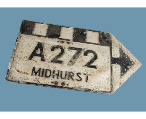A vintage clapperboard style road sign, arrow shaped stating "A272 Midhurst", 43cm by 81cm
