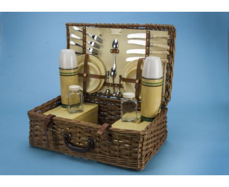 A 1960s picnic hamper for four, made by Corale, with contents of yellow plastic plates and cups and two Thermos flasks, AF 