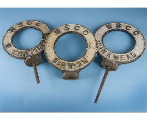 Three vintage circular post top town road signs, all from West Sussex, including Warnham, W. Chiltington and Munkmead, two wi