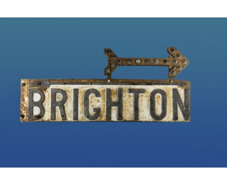 A good large vintage cast iron catseye road sign, rectangular for Brighton with applied arrow with glass catseyes, 50cm by 11