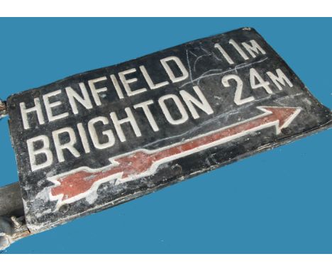 A vinage indicator road sign, twin signs fastened on wooden board in pressed alluninium with steel post loops, "Henfield" 11m