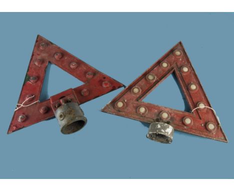 Two vintage post head warning triangle signs with cateyes, one double sided, the other red one side and green to reverse, wit