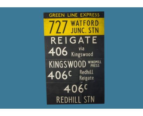 A vintage bus blind, printed on linen, with four signs, one for the Green Line Express 727 Watford Junc Stn, and other 406 an