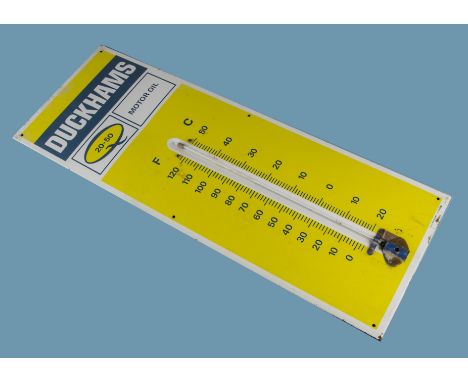 A good vintage enamel Duckhams advertising sign with thermometer, in blue, yellow and white for Duckhams Motor Oil with tempr