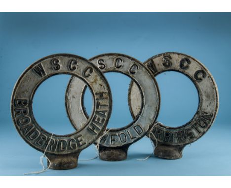 Three vintage circular post top town road signs, all from West Sussex, including Broadbridge Heath, Storrington and Cowfold, 