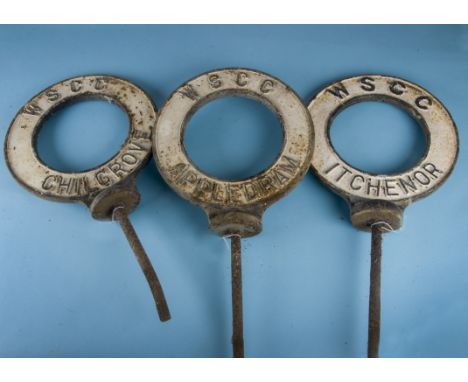 Three vintage circular post top town road signs, all from West Sussex, including Itchenor, Chilgrove and Appledram, each with