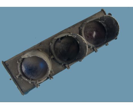 A vintage Traffic Light, with top and bottom bolt mounts, no makers name visible, single box construction, 92cm x 30cm .