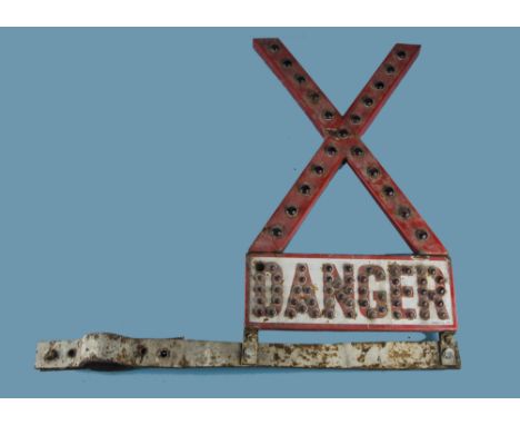 A vintage enamel and catseye junction crossing road sign, having "X" above word Danger, with post fitting, 75cm high