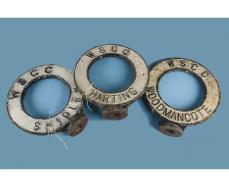 Three vintage circular post top town road signs, all from West Sussex, including Shipley, Harting and Woodmancote, 36cm (3)