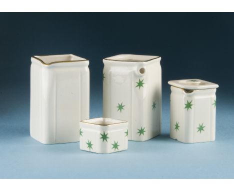 A 1940s Crown Devon pottery cube tea set from the Cunard liners, with green stars, comprising squared teapot and jug, sugar b