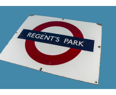 A c1970s enamel London Underground station sign, for Regents Park, 71cm by 57cm 