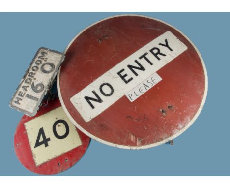 A vintage 'Headroom' road sign, in cast aluminium, 16'0" 36cm x 18cm, no makers name visible, together with a Circular presse