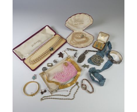 A small quantity of Jewellery and Costume Jewellery, including a silver hinged bangle with rose decoration, a silver chatelai
