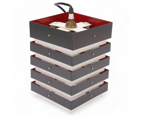 A 1960s' Falks Lighting Ltd square section steel lampshade, grey/white powder coated exterior and red interior, with original