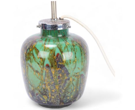 A WMF 'Ikora' three light table lamp with internal light, circa 1930, green variegated glass, chromed metal stem, no makers m
