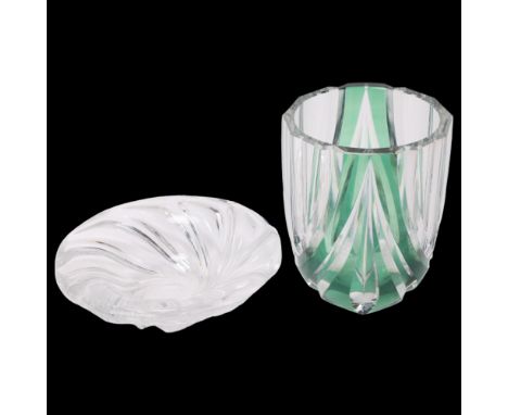 2 pieces of mid 20th century Val St Lambert glassware, a clear glass vase with green overlay and a clear glass dish, both wit