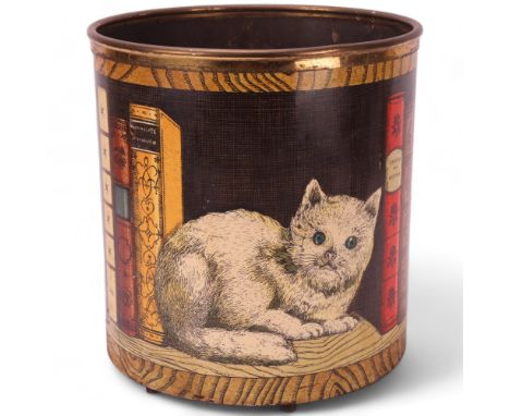 An early Piero Fornasetti waste bin, cat and mouse on bookshelf in full colours, makers mark to base, height 28.5cm, diameter
