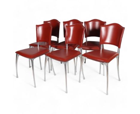 BERNARD DEQUET, a set of 6 late 20th century French dining chairs in high quality leather, the padded seat on sculptural poli