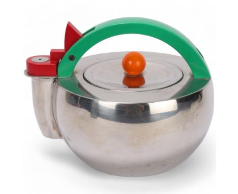 A 1960s' Mals, Italy post modern style stainless steel kettle, bright plastic handle and mounts, model SUS 304, makers mark u
