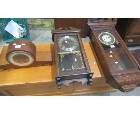 One early 20th Century oak two train wall clock, together with a reproduction 'President' 31 day two train clock and a Smiths