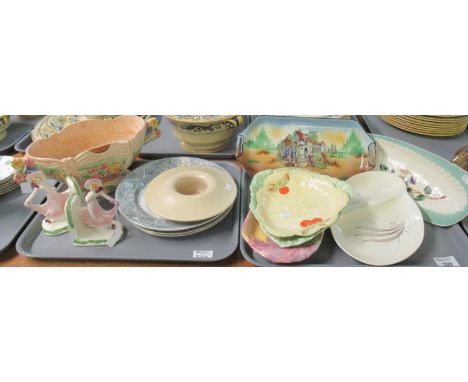 Two trays of china to include an Arthur Wood Cardenwall two-handles, boat-shaped centre bowl, pair of figural book ends, Carl