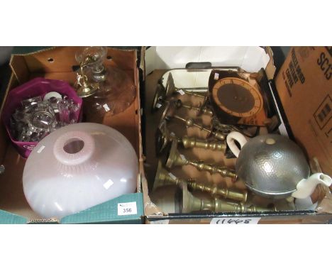 Two boxes, one containing a coloured glass light shade and a cut glass ceiling light with glass lustres in separate box, the 